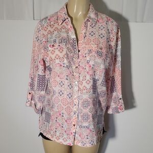 JM Collection 100% Linen Pink and Blue 3/4 Sleeve Button Down Shirt Size 10
